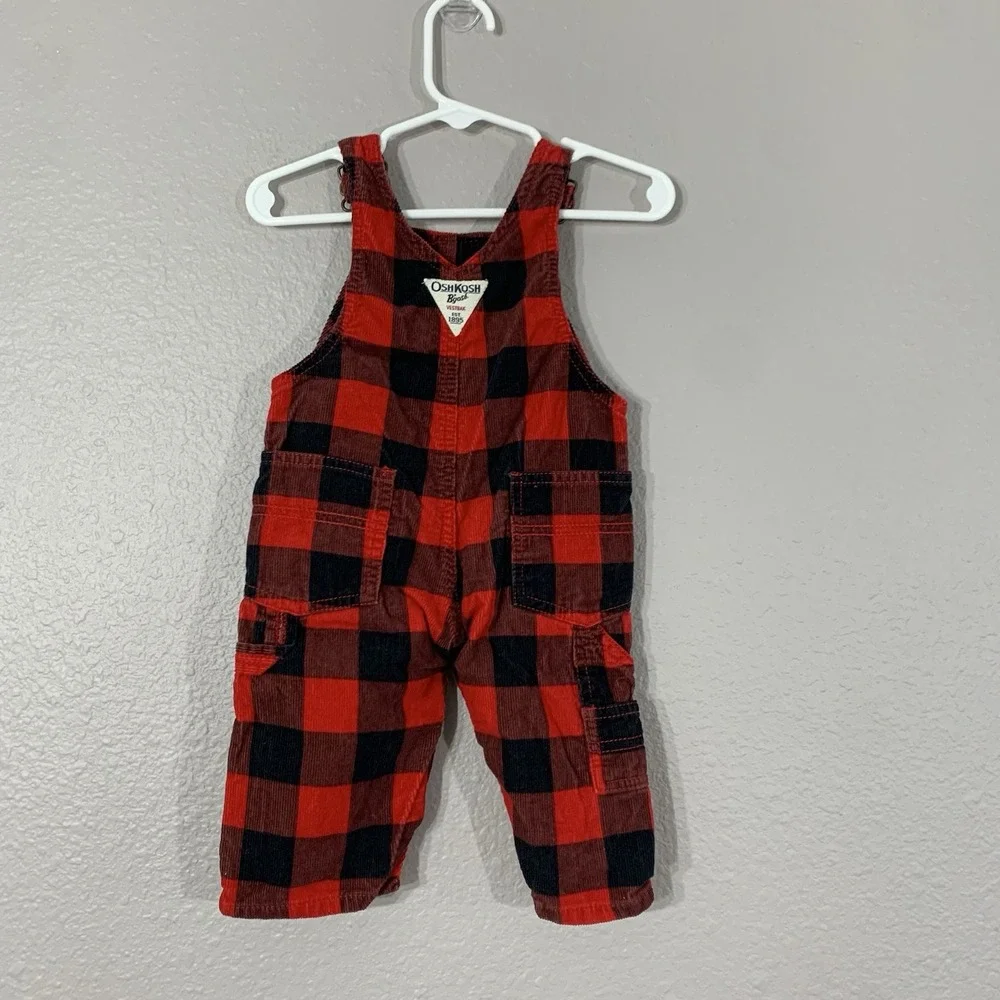 OshKosh B'gosh Vestbak Red Black Buffalo Plaid Corduroy Overalls Size 6 Months‎